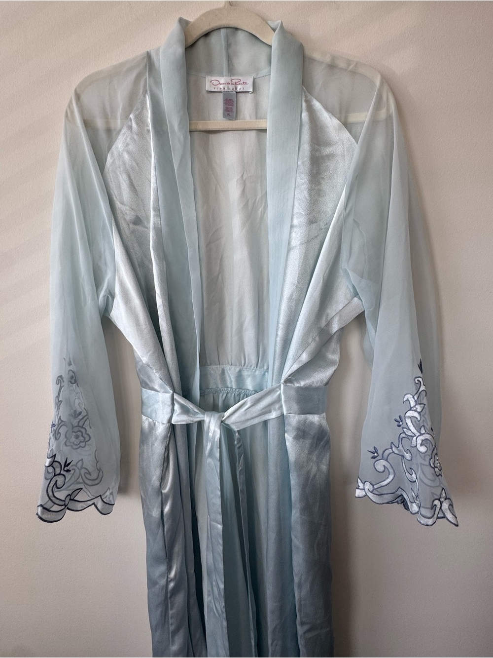 Oscar de la Renta Light Blue Sheer Long Robe Old Money Paisley Embroidered Sz XL